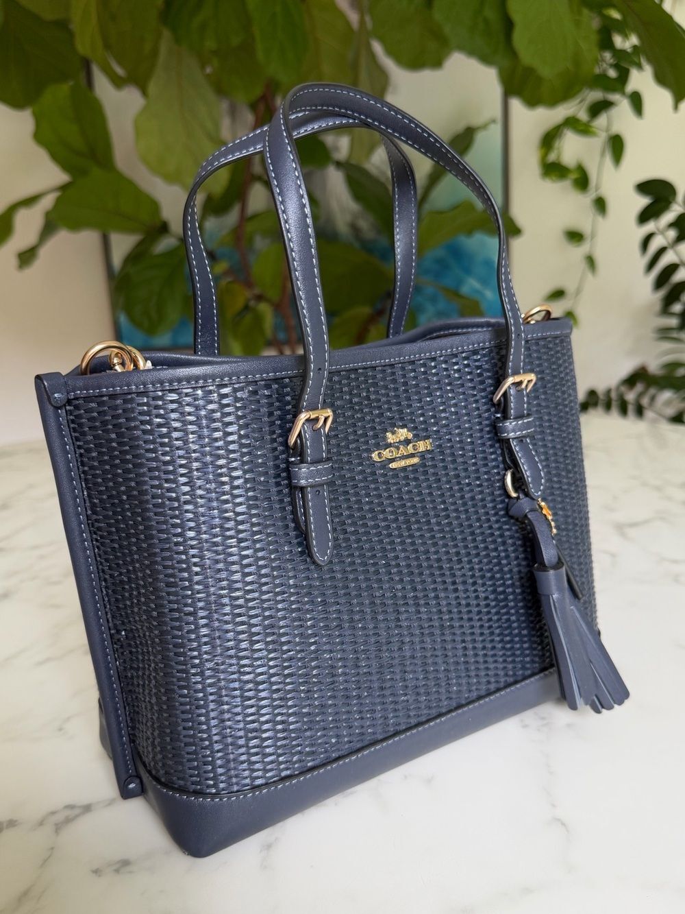NWT Coach CH210 Mollie Tote 25 in Straw & Smooth Leather Midnight Navy Multi - Picture 2 of 16
